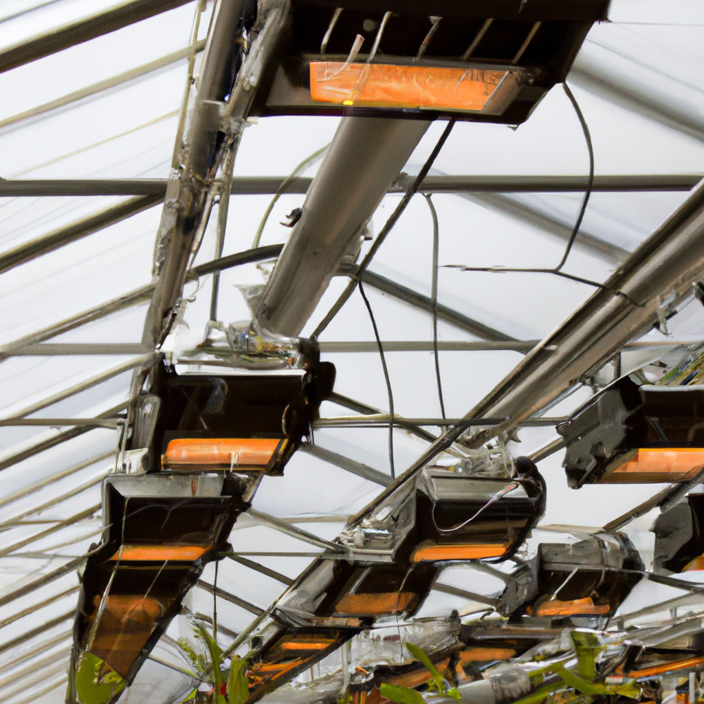 heat lamps working in a large greenhouse